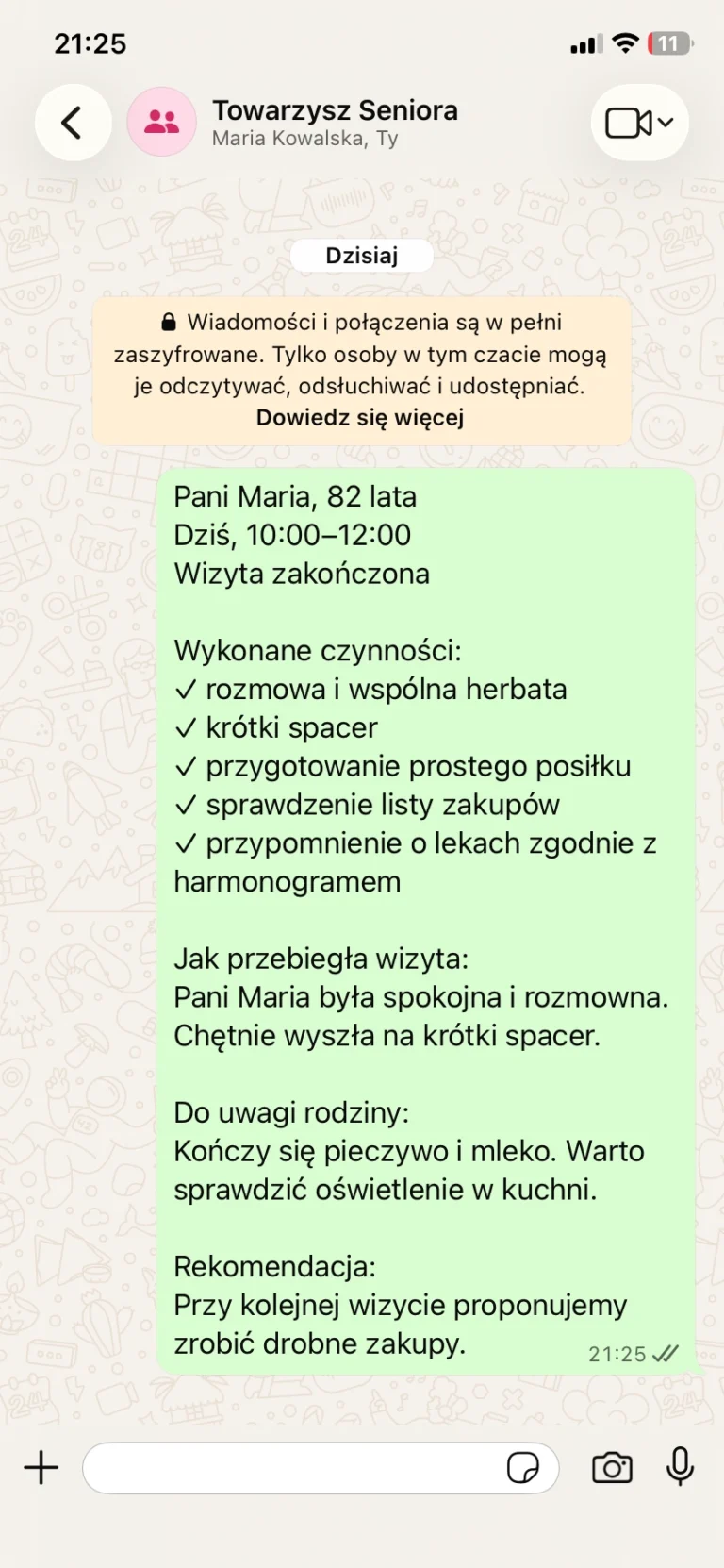 Przykładowy raport po wizycie u seniora wysłany przez WhatsApp
